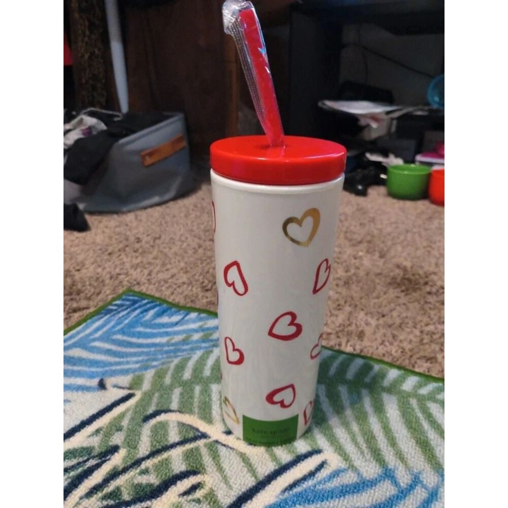 kate spade new york Acrylic Tumbler W/ Lid and Straw, Slim Brushstroke Hearts